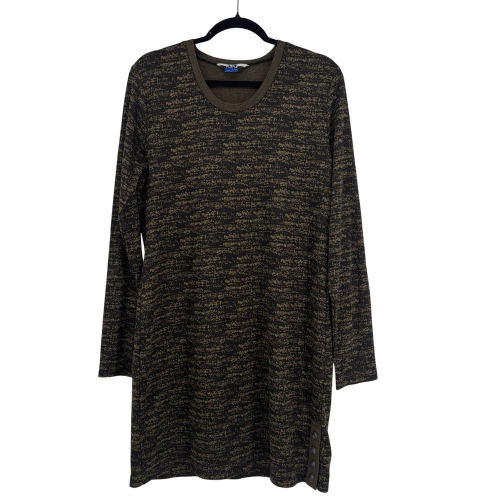 KAVU Heathered Knit Shift Dress Large Olive & Black LS Cozy Core Boho Casual EUC